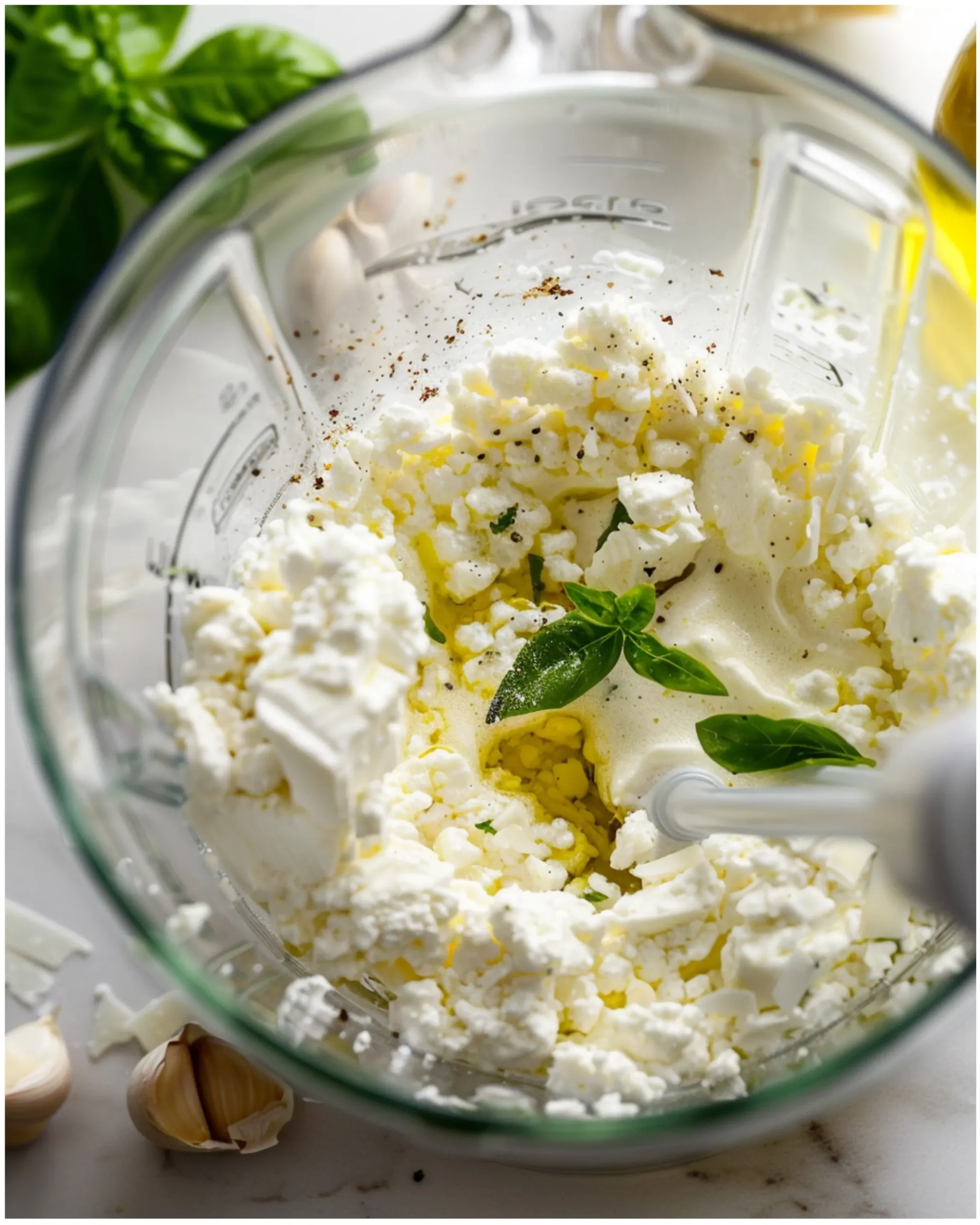 Blending creamy cottage cheese pasta sauce in a blender