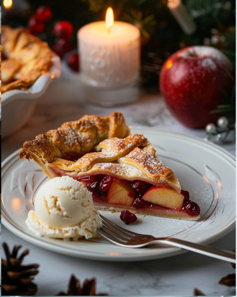 Slice of apple cranberry pie with ice cream