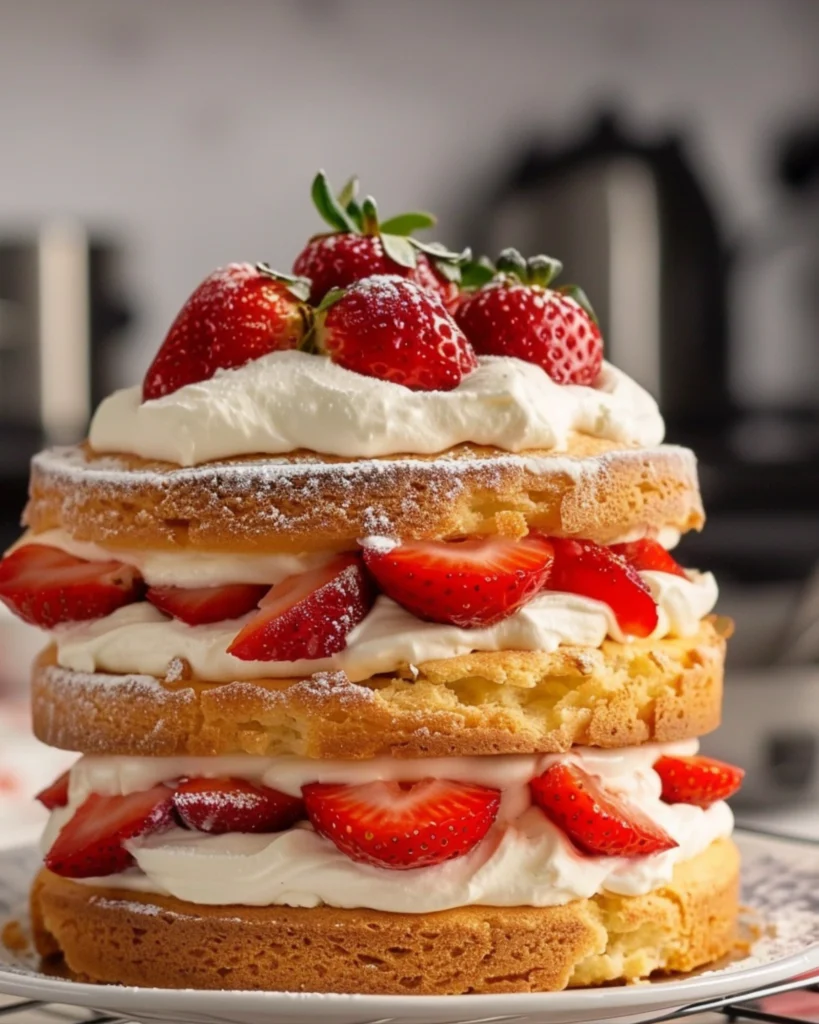 Assembling strawberry shortcake layers with cream and berries