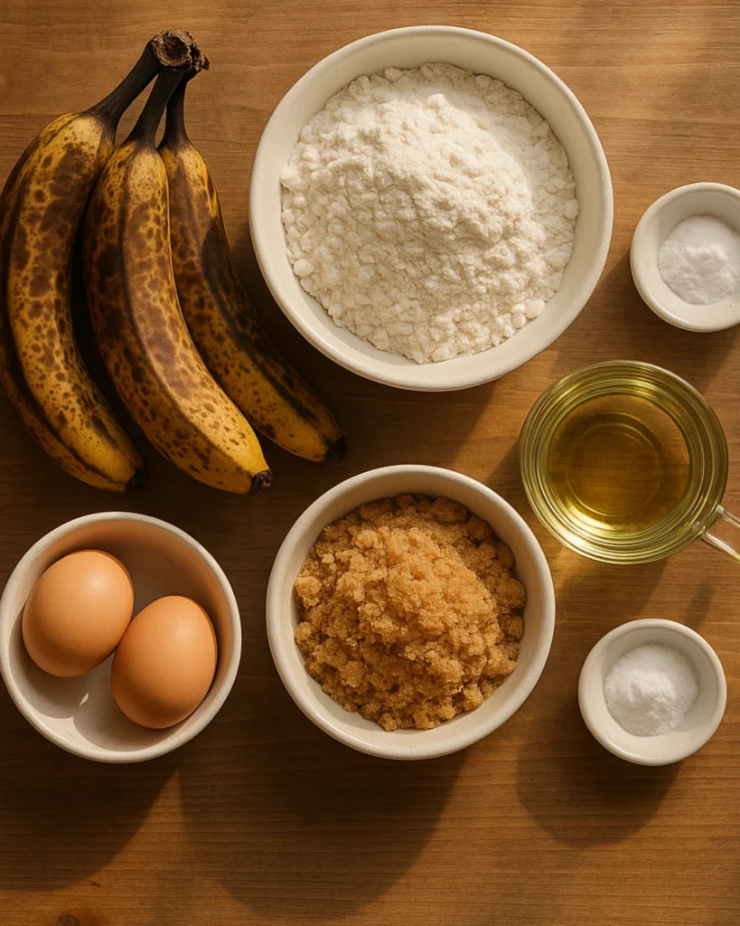 Banana bread ingredients laid out on wooden table