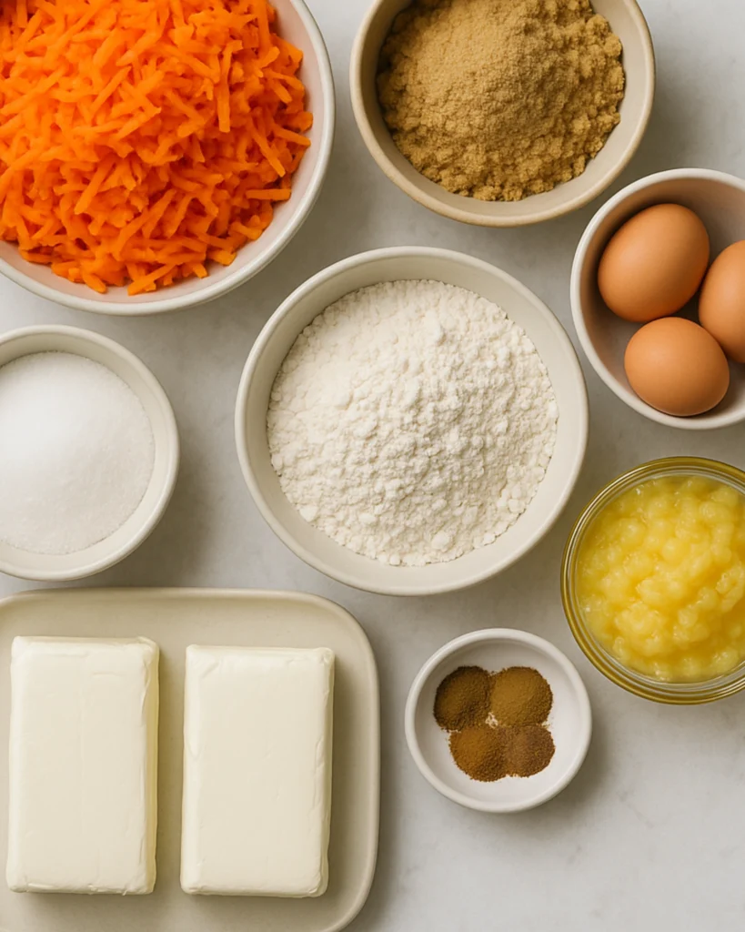 Carrot cake ingredients laid out on counter