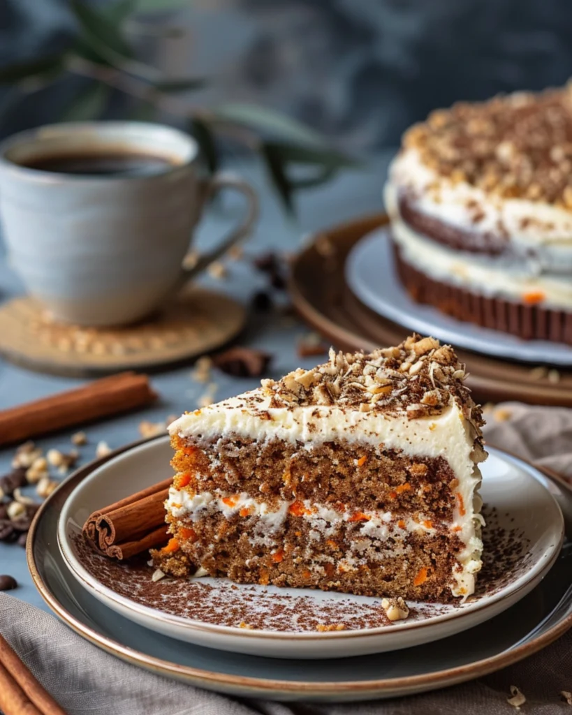 Served slice of carrot cake with coffee