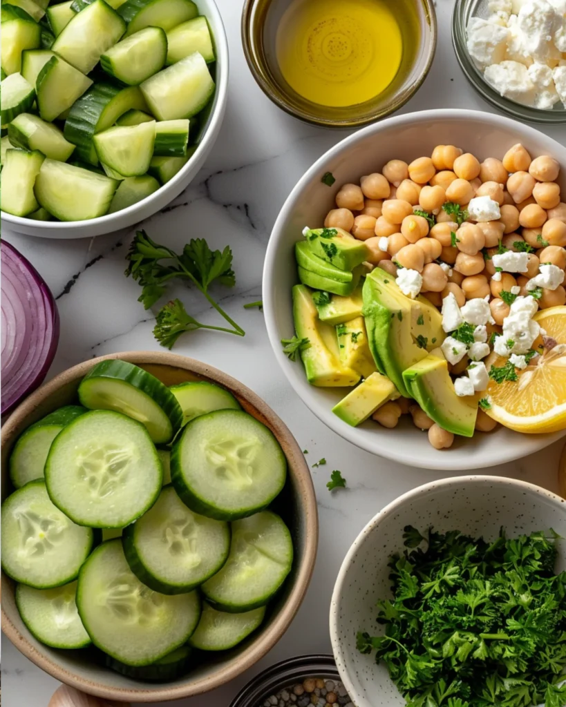 Ingredients for Chickpea Feta Avocado Salad