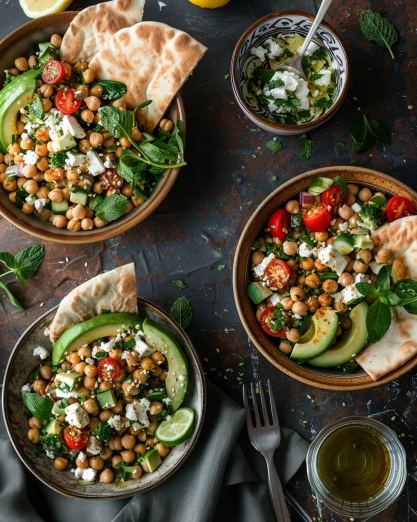 Serving Chickpea Feta Avocado Salad in bowls