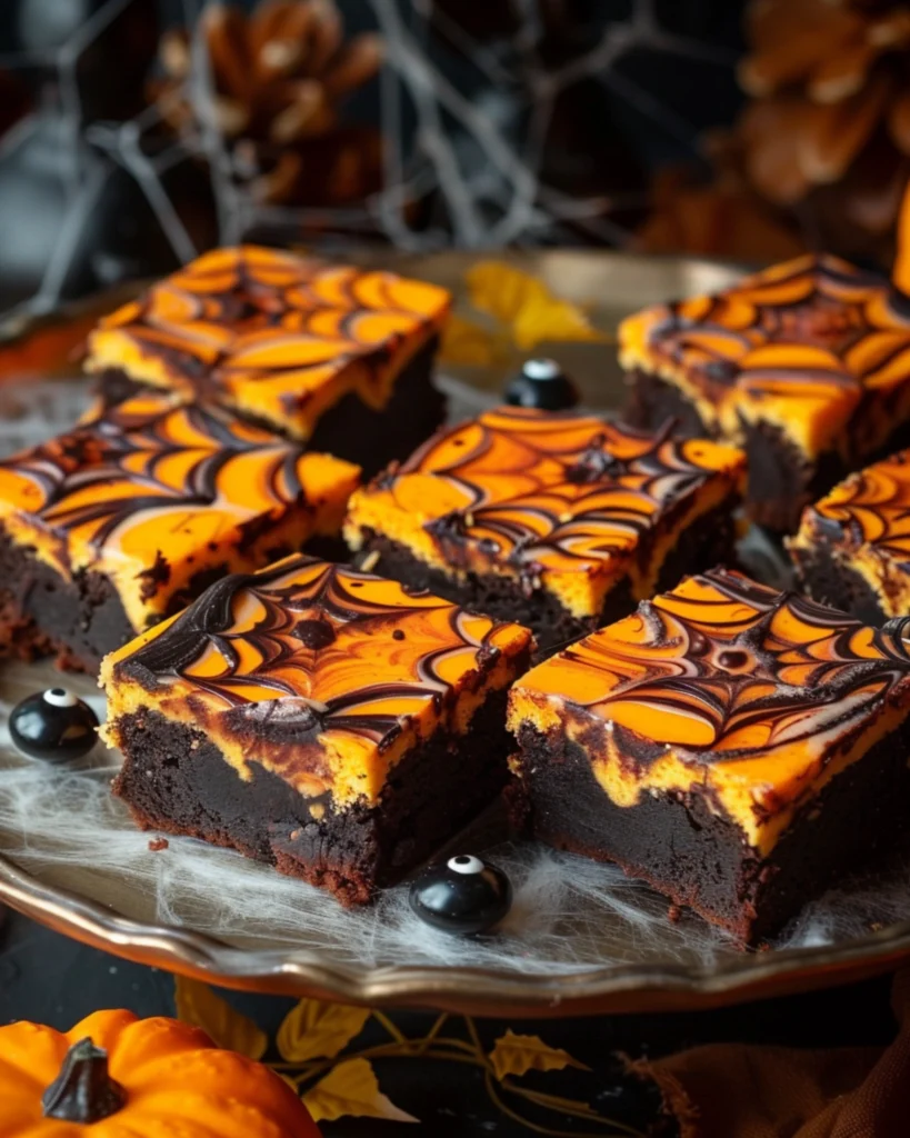 Halloween cream cheese swirl brownies served at party