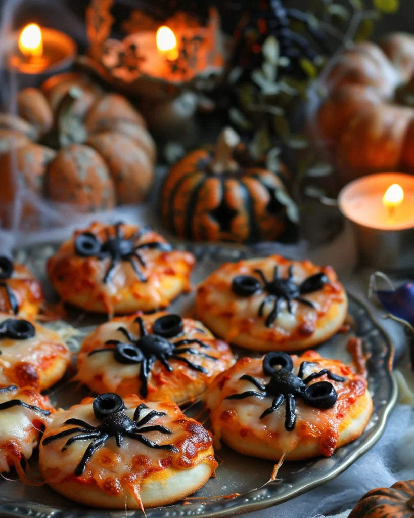 Mini spider pizzas served at a Halloween party