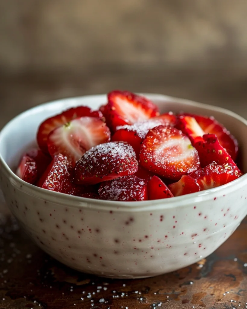 Macerating strawberries with sugar for cake topping