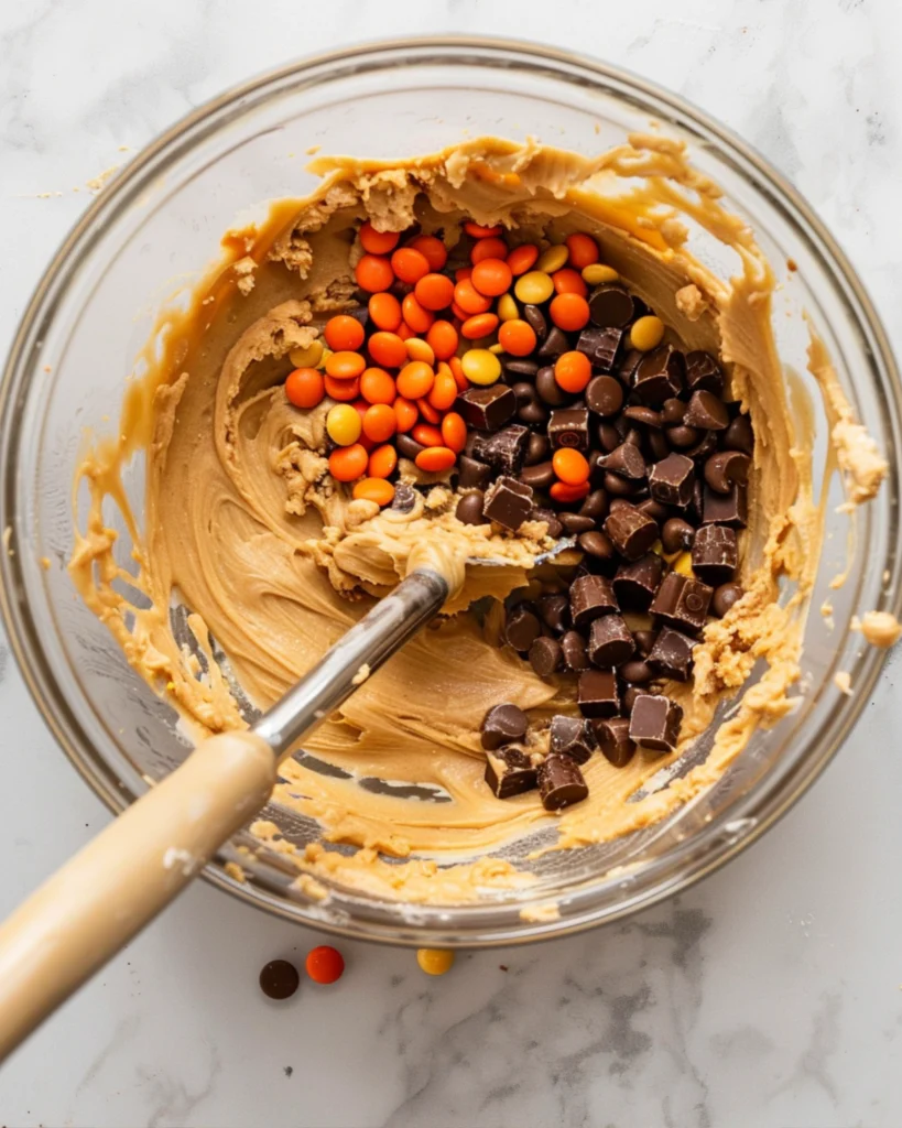 Mixing cookie dough with Reese’s candies