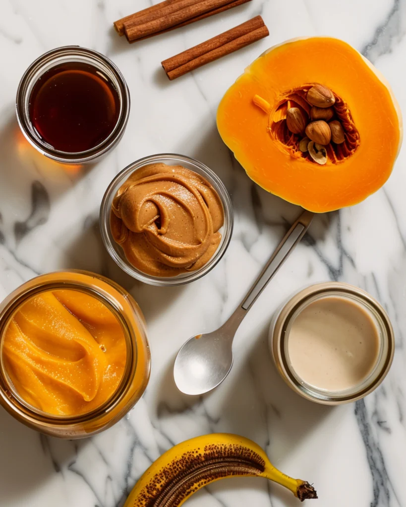 Ingredients for healthy pumpkin smoothie recipe on wooden table