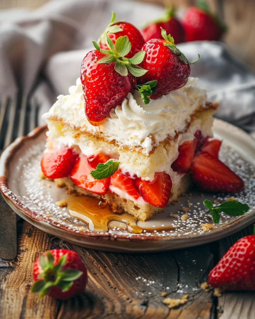 Served slice of strawberry shortcake with whipped cream and syrup
