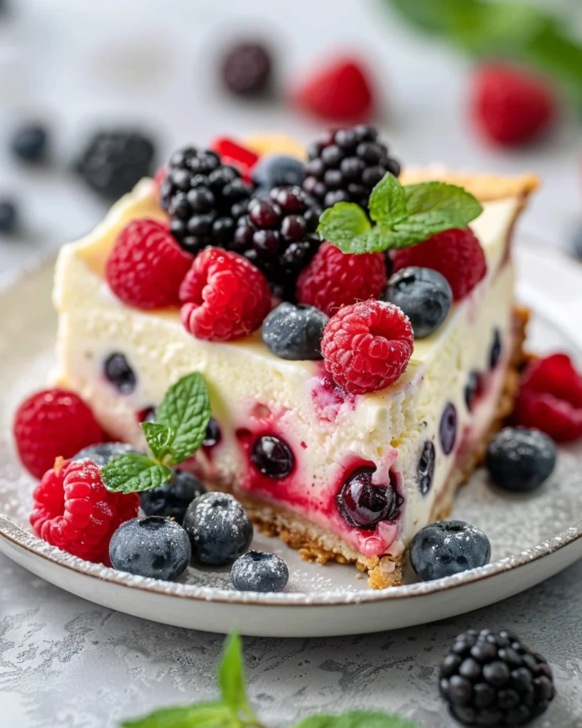 Sliced high protein triple berry bake served with fresh berries