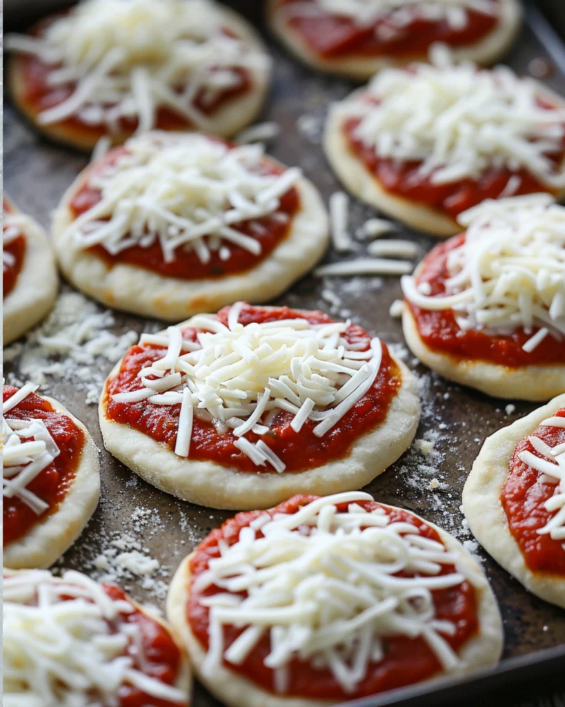 Assembling mini pizzas with sauce and cheese