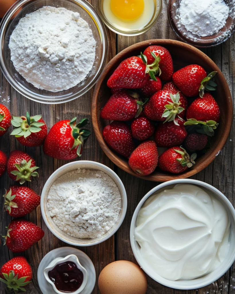 Strawberry shortcake cake mix ingredients laid out on a wooden surface
