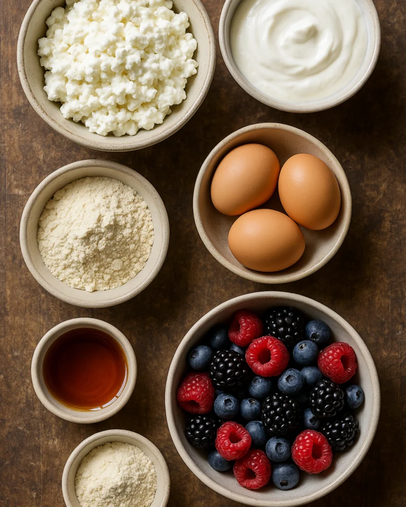 Ingredients for high protein triple berry bake on wooden table