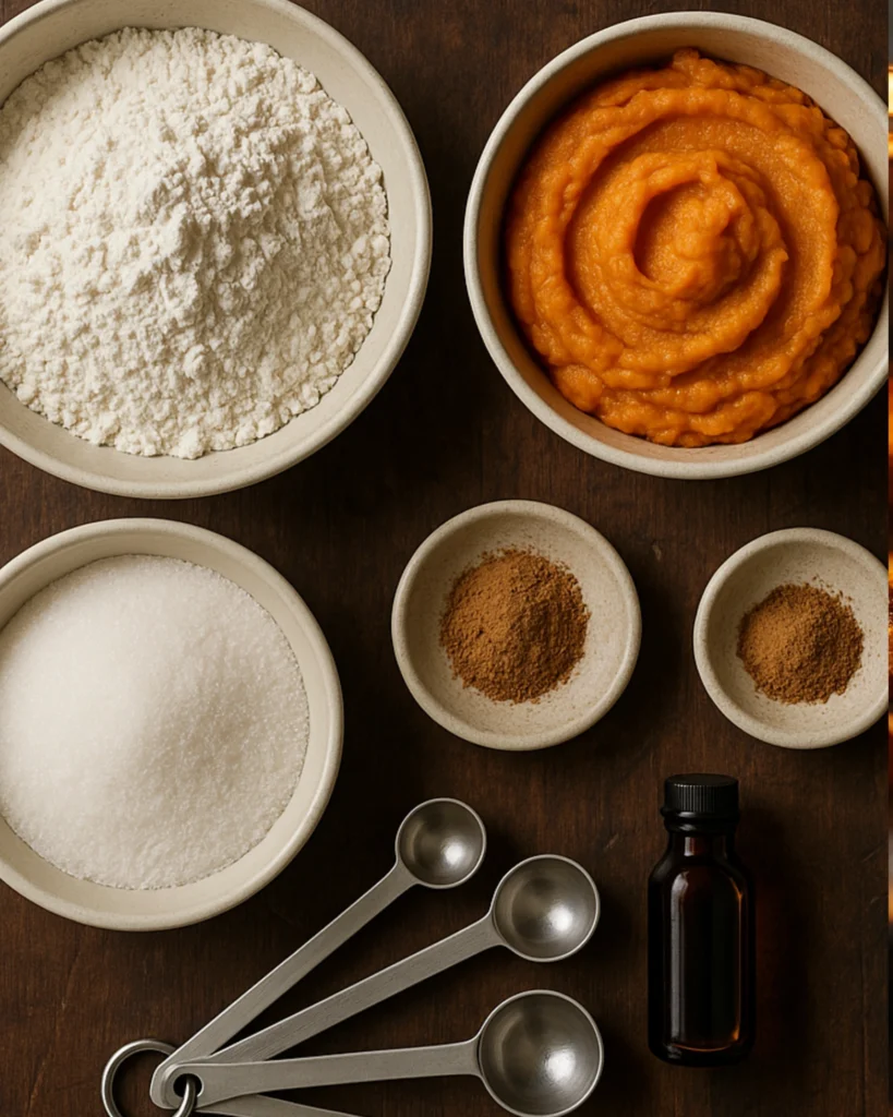 Ingredients for vegan pumpkin sugar cookies laid out on kitchen counter