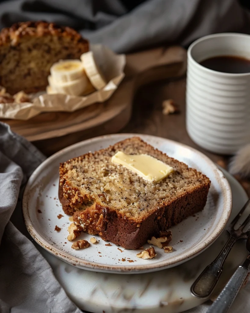 Banana walnut bread served with butter and coffee