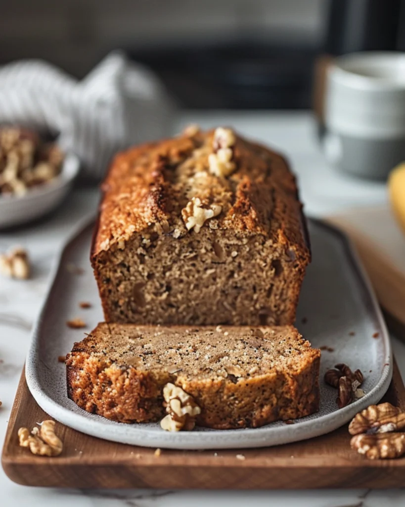 Finished banana walnut bread with slice served