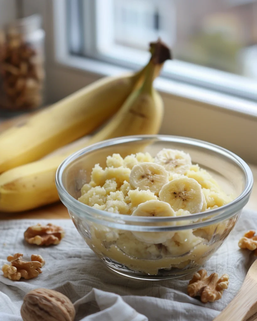 Preparing bananas and walnuts for banana bread