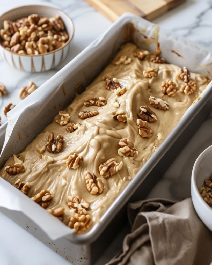 Banana walnut bread batter in loaf pan