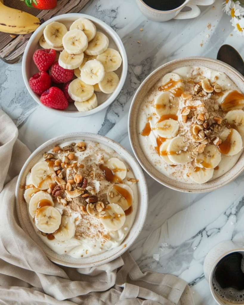 Salted Caramel Banana Yogurt Bowls – 5 Irresistible Reasons to Try This Power Snack 5 Overhead view of breakfast table with yogurt bowls