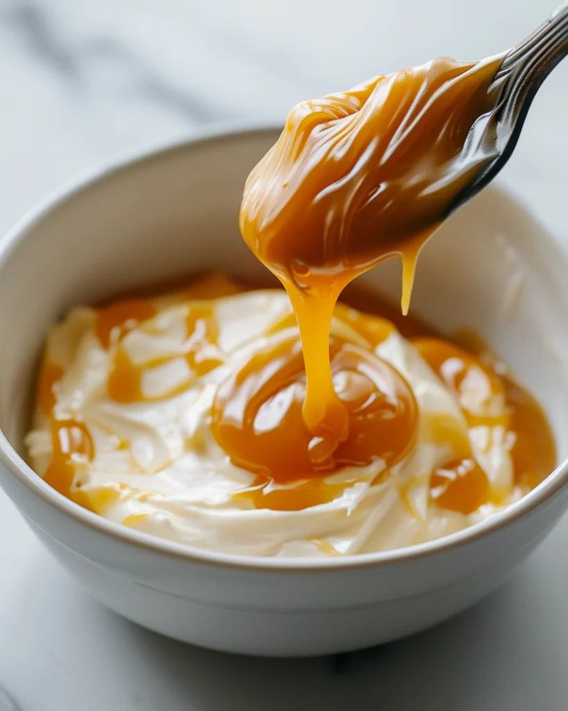 pouring caramel sauce over cream cheese