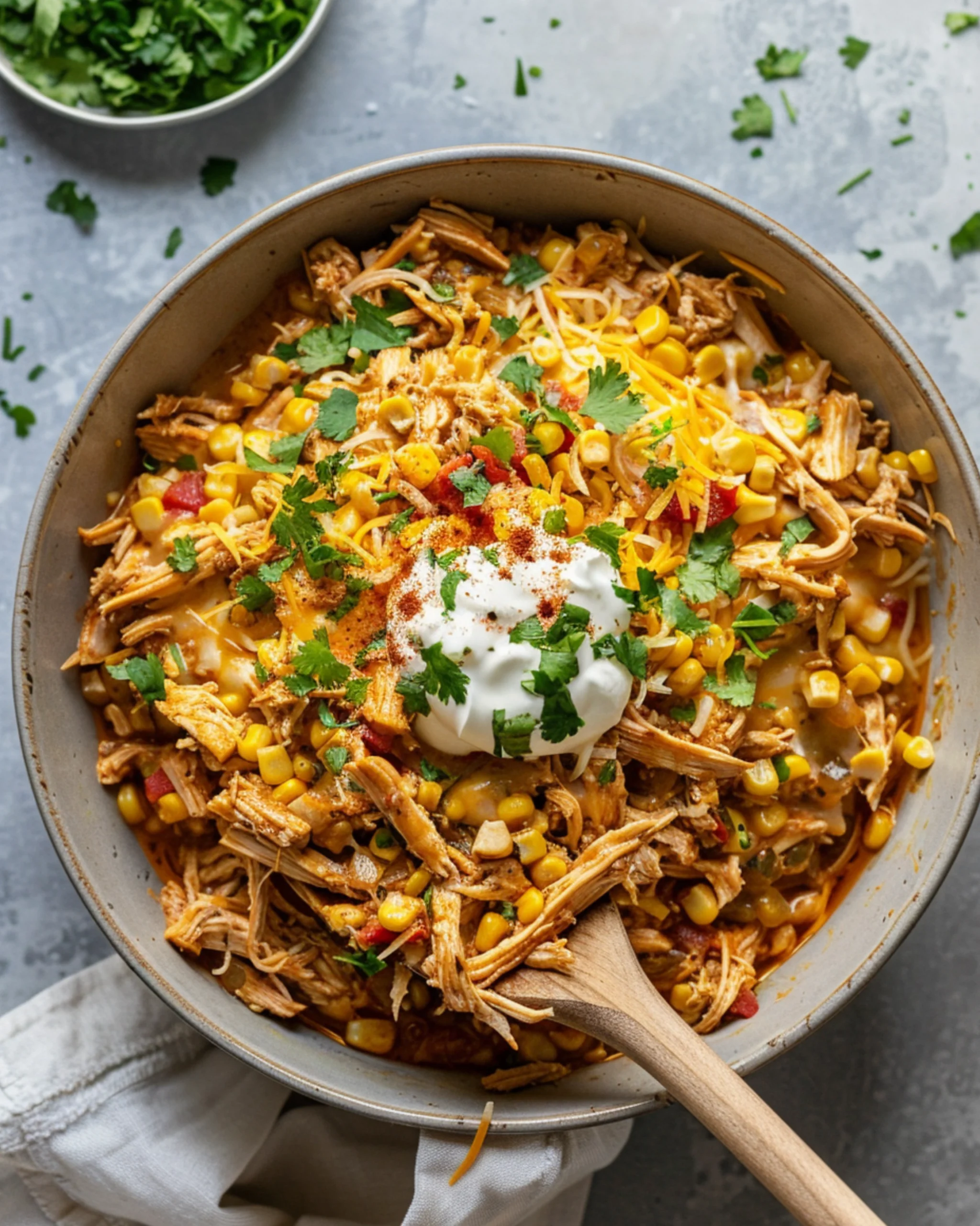 Mixing casserole ingredients with chicken, corn, and cheese in bowl