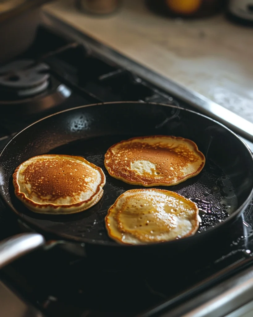 Sweet Coconut Cream Pancakes – 10 Ultimate Breakfast Treats 4 coconut cream pancakes on skillet