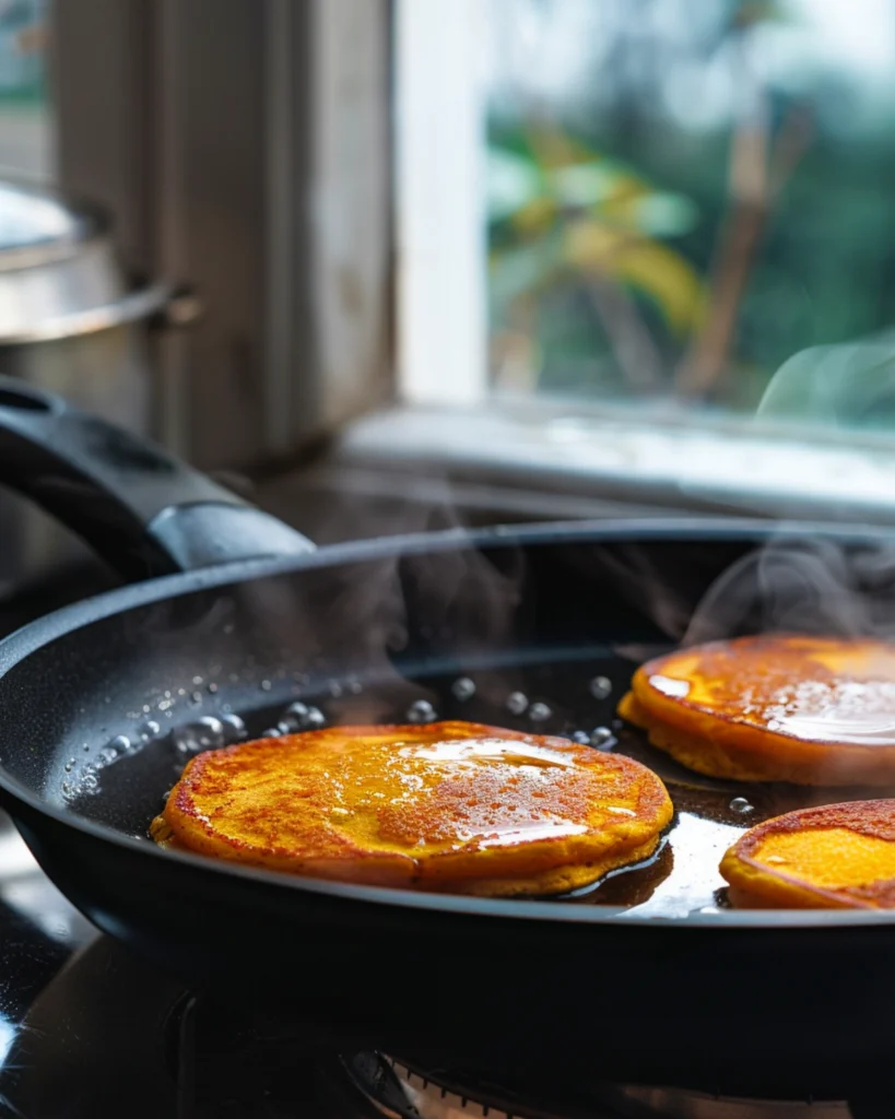 Pumpkin Spice Pancakes – Easy 5-Step Recipe You’ll Love 4 Pumpkin pancakes cooking on non-stick pan in modern kitchen