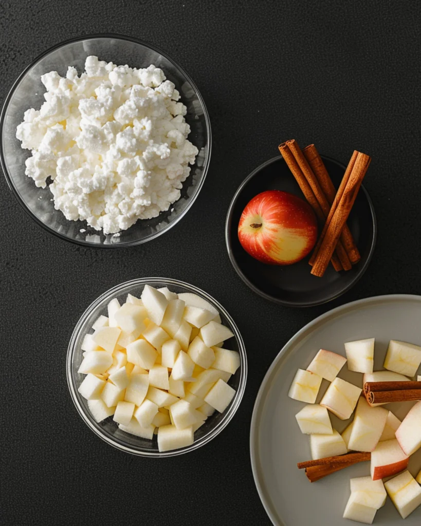 Cinnamon Apple Cottage Cheese Bites – 5 Amazing Healthy Snacks 2 Modern flat-lay of cottage cheese, apples, and cinnamon