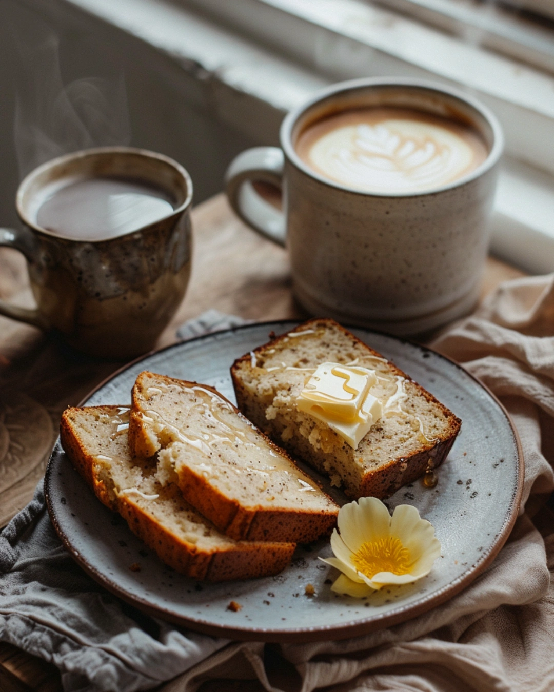 Cottage Cheese Banana Bread slices served with butter and honey