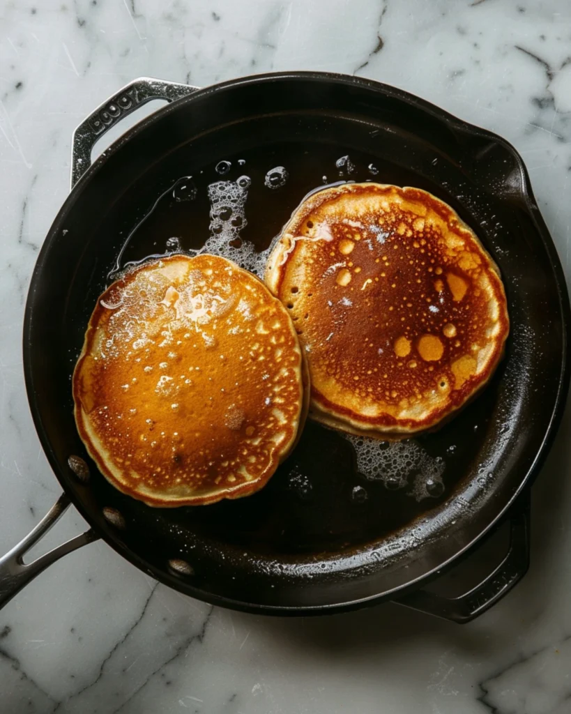 Cottage Cheese Banana Oatmeal Protein Pancakes – 5-Star Healthy Breakfast 4 Pancakes cooking on skillet