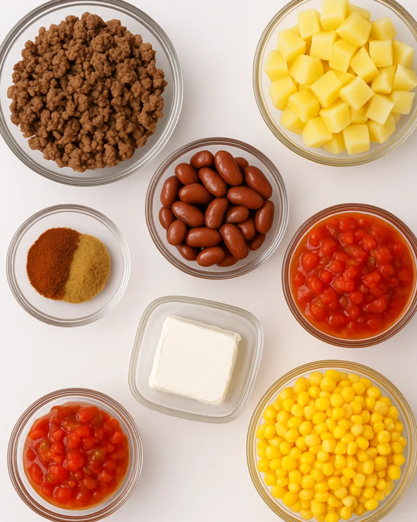 creamy cowboy soup ingredients modern flat lay