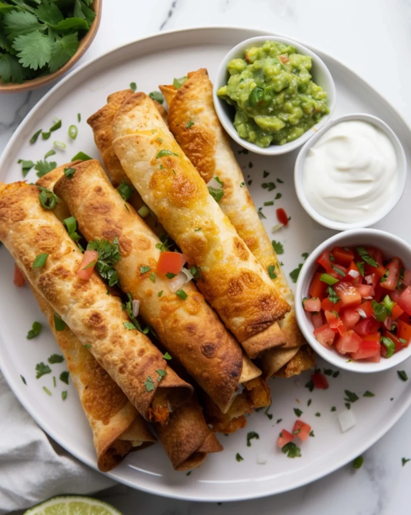 Crispy Chicken Taquitos – 5-Star Irresistible Crunch 6 Finished chicken taquitos flat lay