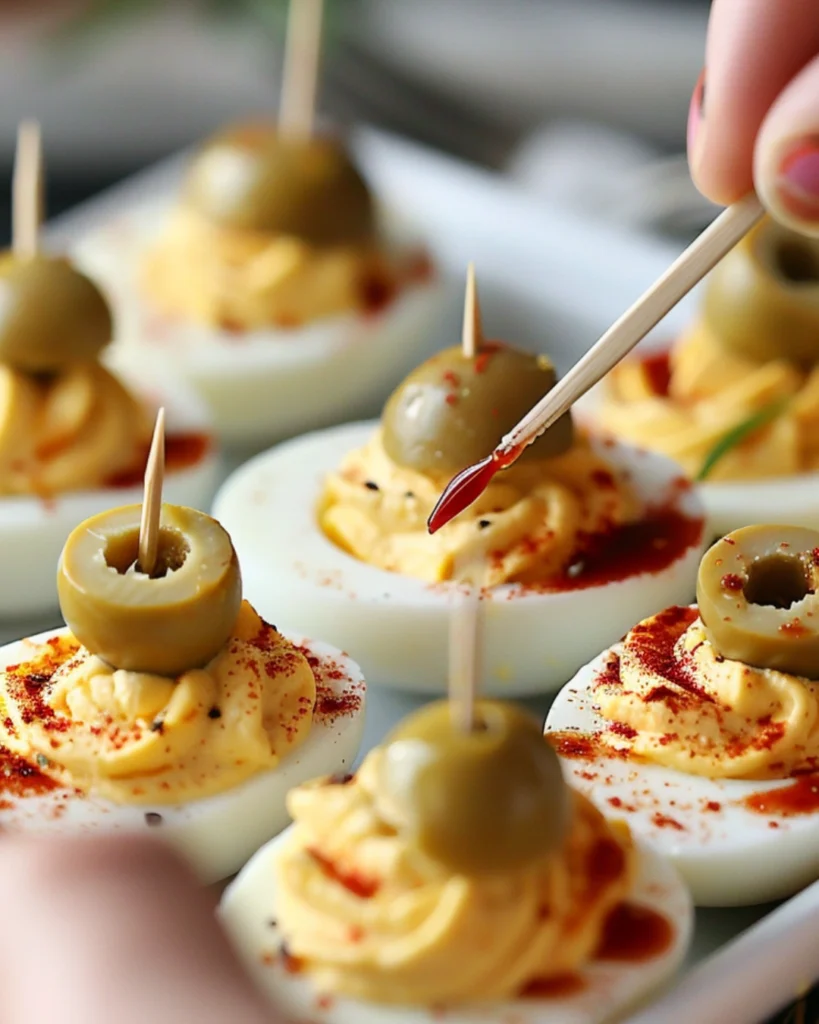 Bloody Eyeball Deviled Eggs – 5 Steps to Spooky Halloween Fun 3 Decorating Bloody Eyeball Deviled Eggs  with olive pupils and red veins