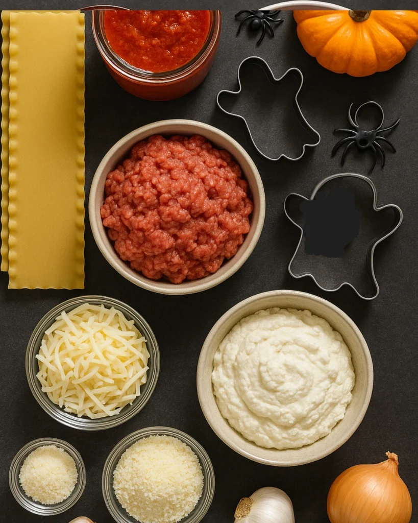 Ghostly Lasagna – 5 Easy Steps to a Spooky Halloween Dinner 2 Ingredients for Ghostly Lasagna flat lay