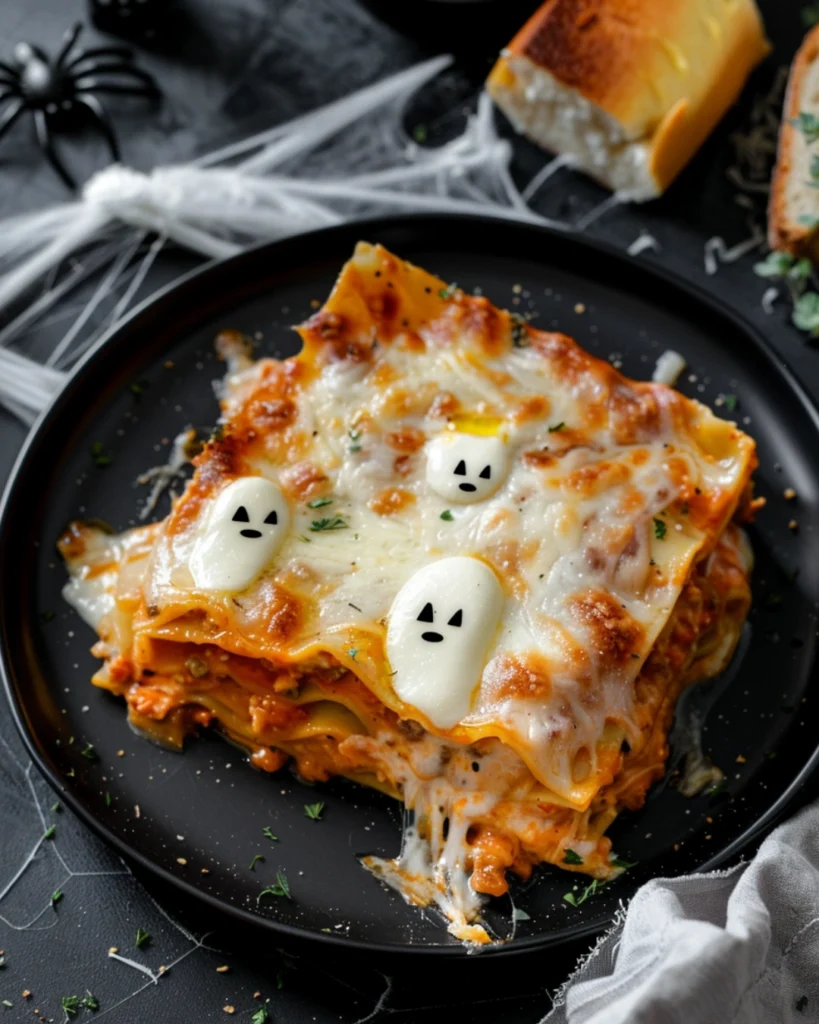 Ghostly Lasagna – 5 Easy Steps to a Spooky Halloween Dinner 3 Serving of Ghostly Lasagna with ghost mozzarella on a plate