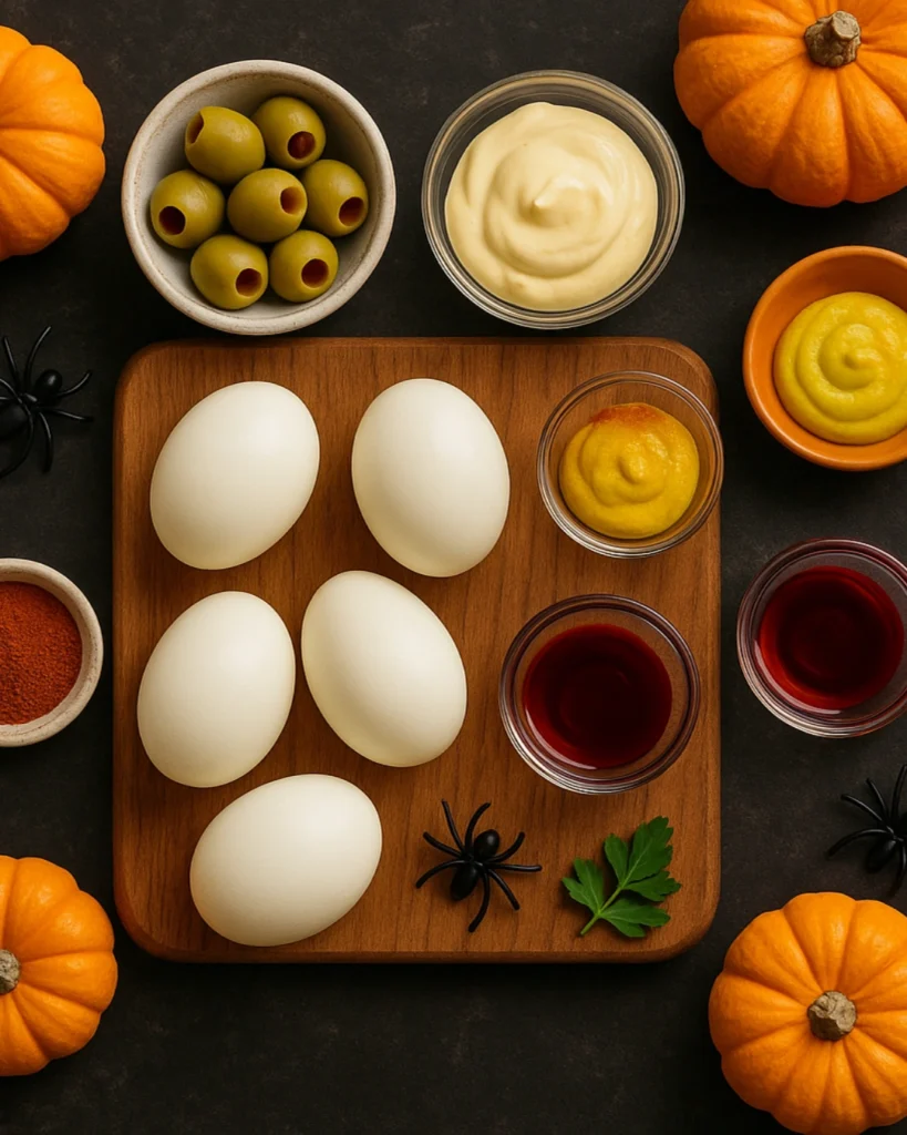 Bloody Eyeball Deviled Eggs – 5 Steps to Spooky Halloween Fun 2 Ingredients for Bloody Eyeball Deviled Eggs flat lay