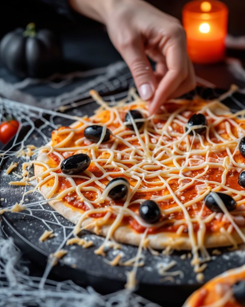 Halloween Spider Web Pizza – 3 Easy Steps to a Spooky Party Recipe 3 Assembling a Halloween spider web pizza with olive spiders