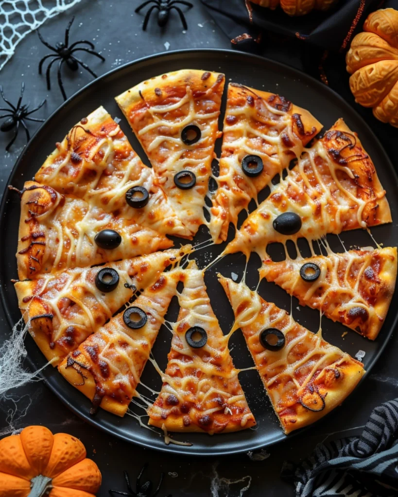 Halloween Spider Web Pizza – 3 Easy Steps to a Spooky Party Recipe 4 Halloween spider web pizza slices served on a black platter