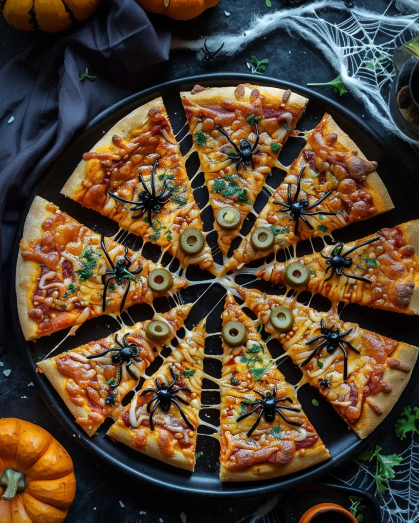 Halloween Spider Web Pizza – 3 Easy Steps to a Spooky Party Recipe 7 Halloween spider web pizza slices served on a black platter
