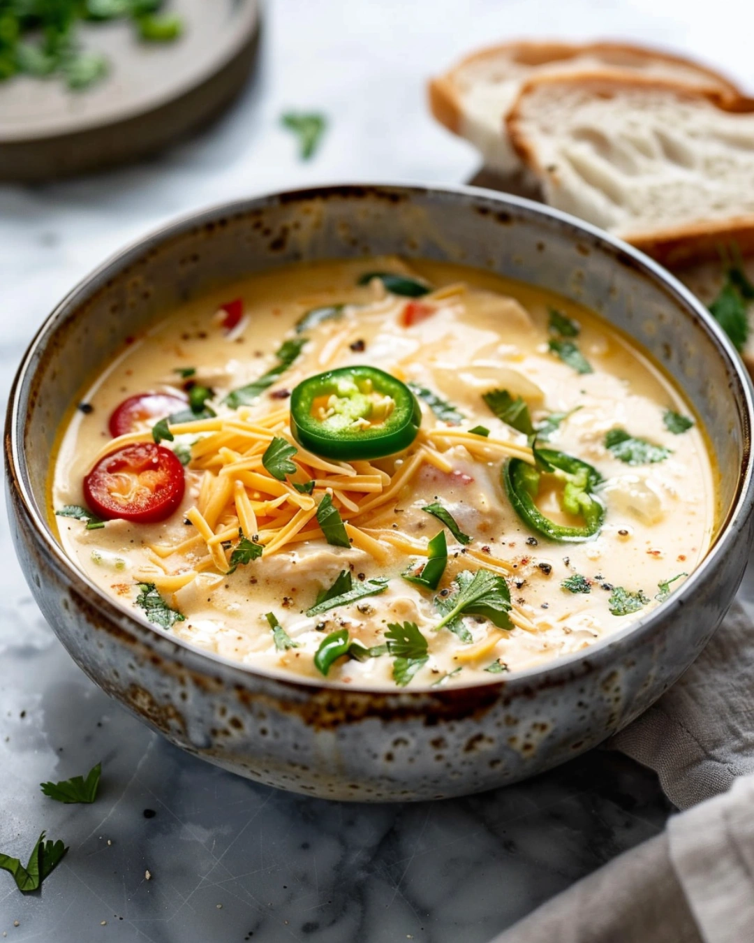 jalapeño popper chicken soup served with bacon and jalapeños on top