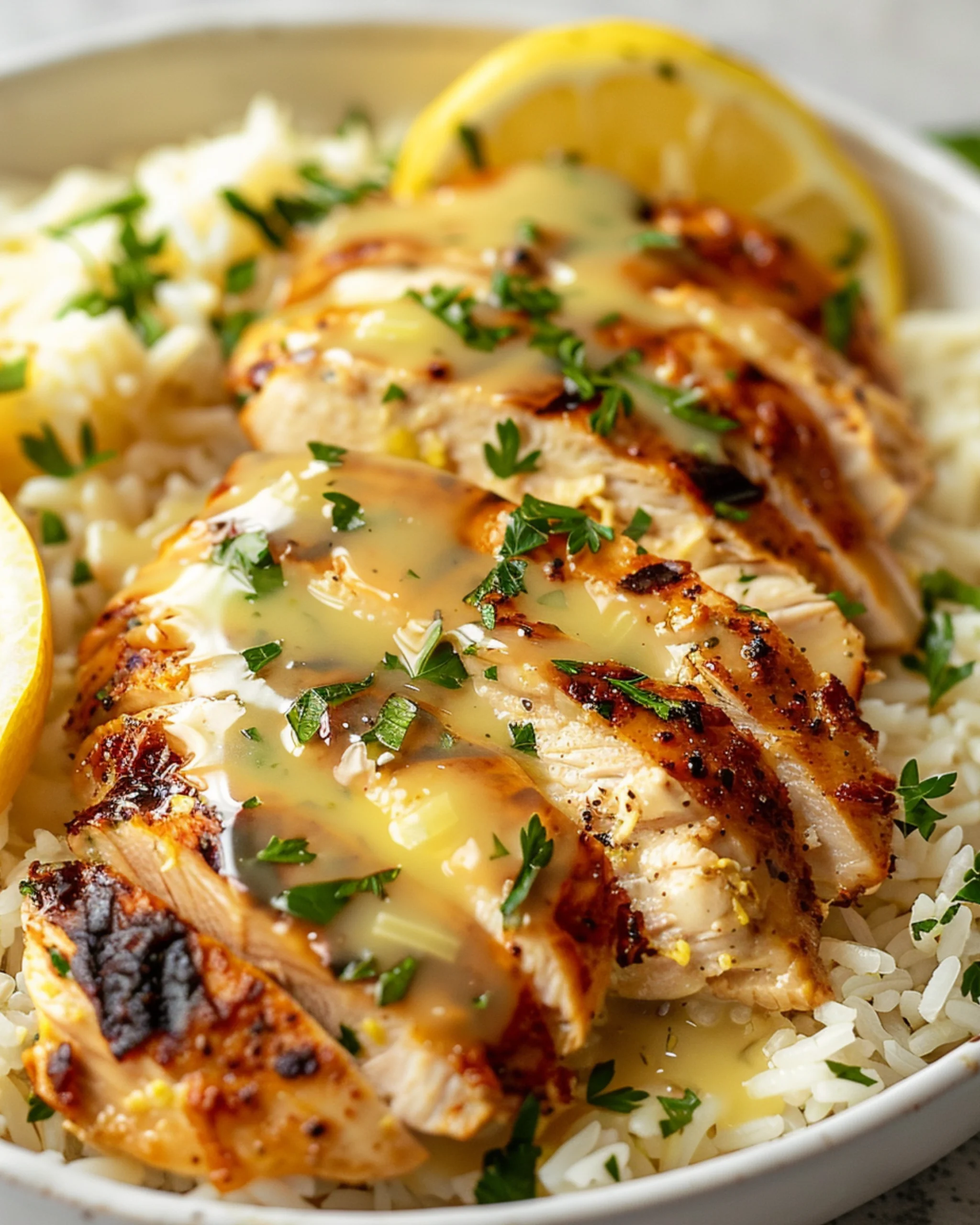 Plated lemon herb chicken and rice with lemon sauce drizzle