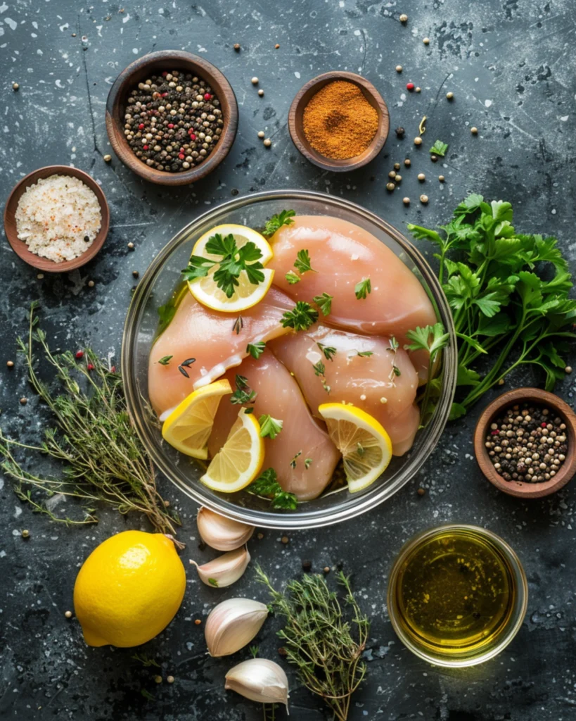 Lemon Herb Chicken and Rice – 5-Star Healthy Dinner Recipe 3 Chicken breasts marinating in lemon, garlic, and herbs