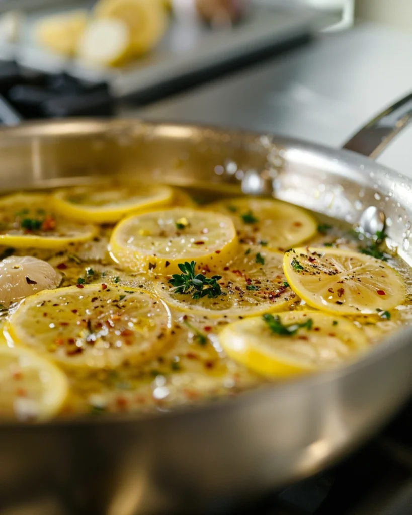 Lemon Herb Chicken and Rice – 5-Star Healthy Dinner Recipe 5 Lemon garlic sauce simmering in skillet with fresh herbs