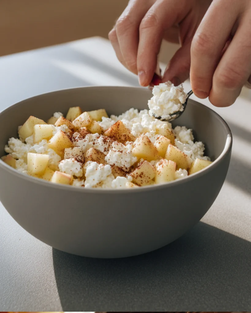 Cinnamon Apple Cottage Cheese Bites – 5 Amazing Healthy Snacks 4 Mixing cottage cheese and apples in modern bowl