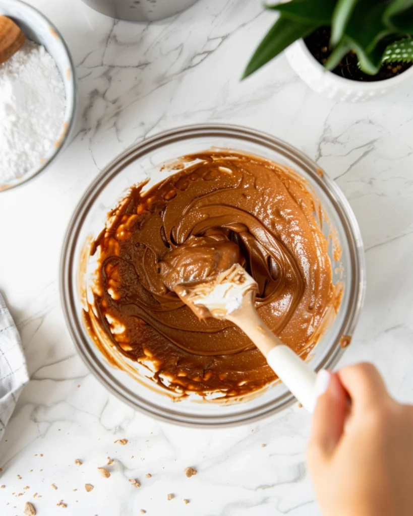 Pumpkin Patch Brownies: 4-Ingredient Easy Fall Treat 3 Mixing pumpkin brownie batter on white kitchen counter