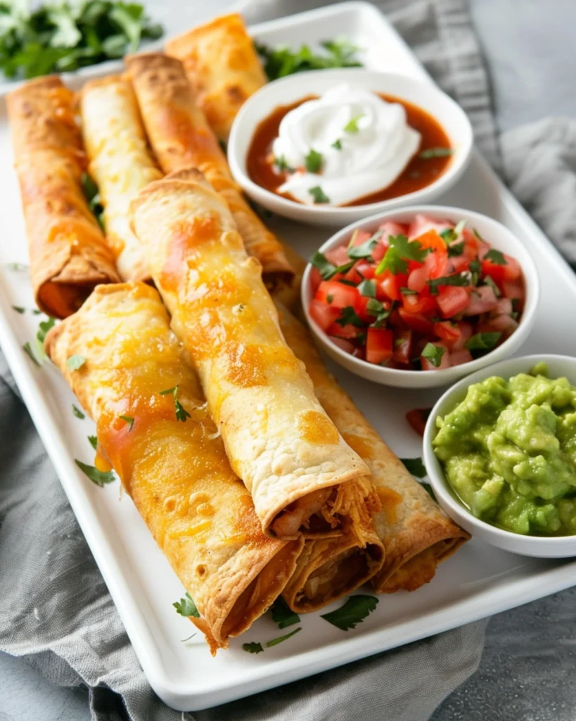 Crispy Chicken Taquitos – 5-Star Irresistible Crunch 3 Chicken taquitos with dips and sides