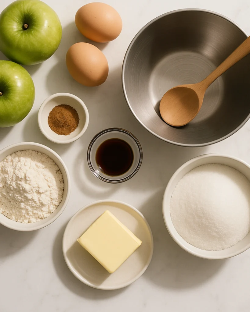Swedish Apple Cake – 1 Amazing Nordic Recipe You’ll Love 2 Flat lay of apples, flour, sugar, butter, eggs, and cinnamon on a clean wood surface with modern Scandinavian kitchen background