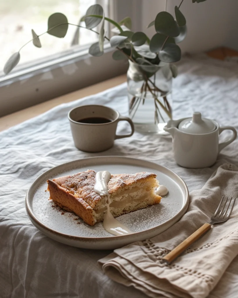 Swedish Apple Cake – 1 Amazing Nordic Recipe You’ll Love 8 Whole Äppelkaka with a slice removed, shown with coffee and clean Nordic kitchen background