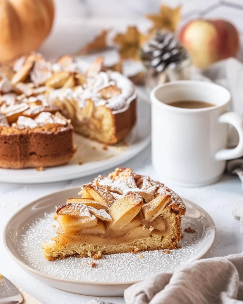 Swedish Apple Cake – 1 Amazing Nordic Recipe You’ll Love 5 Slice of Swedish Apple Cake served with vanilla sauce on a plate, beside coffee in a clean modern kitchen setting